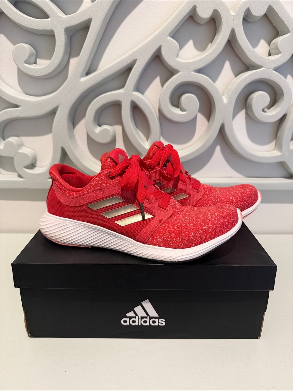 Adidas Women’s Red Running Sneakers with Silver Stripes